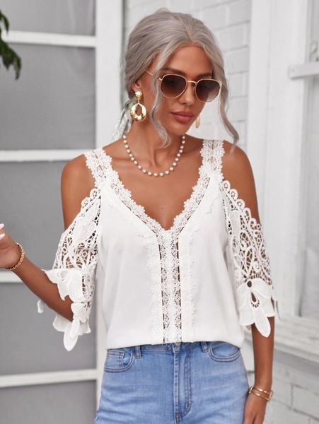 

cold shoulder guipure lace b5a5#, White