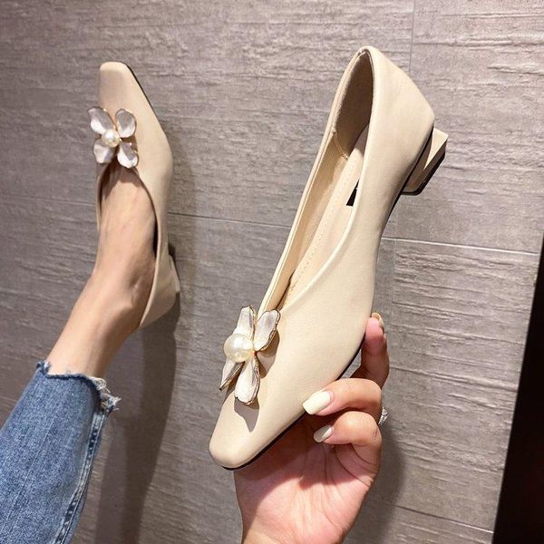 

dress shoes elegant sweet flowers pearl high heels 2021 suede square mid heel fashion party ladies pumps women, Black