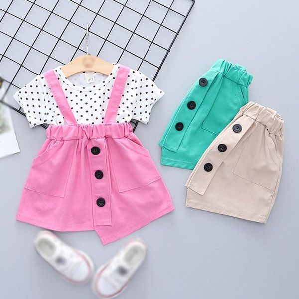 

summer baby girl suspender skirt set dots printed t-shirt cotton blouse +braces dress kid clothing party outfit suit sets, White