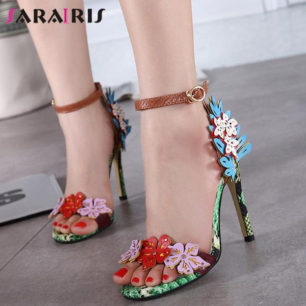 

brand ins ladies party sandals flowers women snake veins prints thin high heels shoes woman, Black