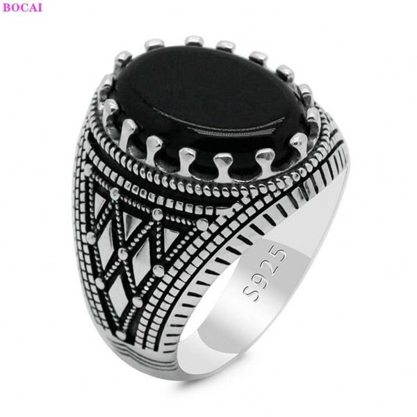 

cluster rings s925 sterling silver ring personality thai rhombus pattern black agate pure argentum gemstone for men, Golden;silver