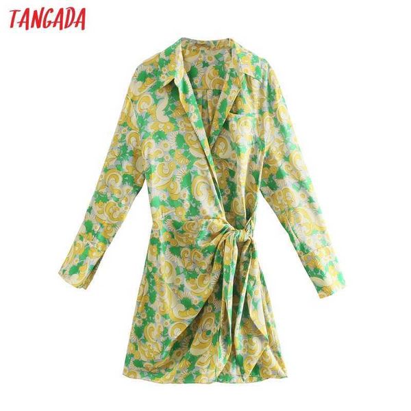 Tangada Moda Mulheres Verde Flores Imprimir Camisa Vestido de Manga Longa Escritório Ladies Mini Vestido 3H325 210609