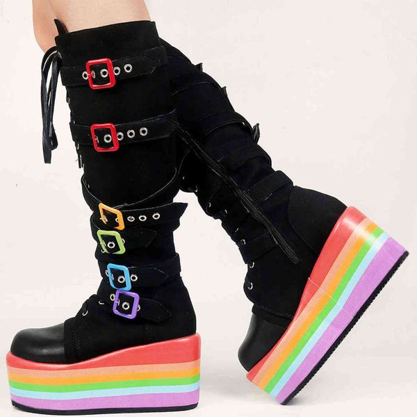 

colorful thick-soled platform breathable cowhide lace-up martin boots woman rainbow platform sole belts buckle lace up high boot h1116, Black