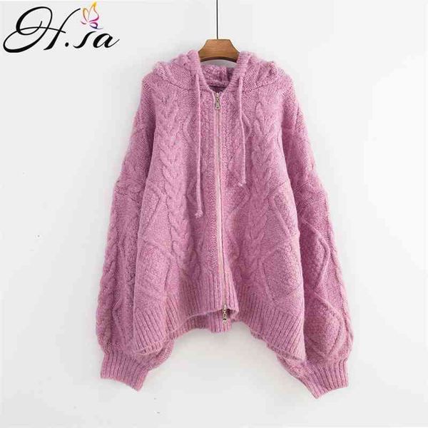 

h.sa winter fashion women hooded cardigans twisted pink knitted oversized sweater coat female zipper ponchoes 210417, White;black