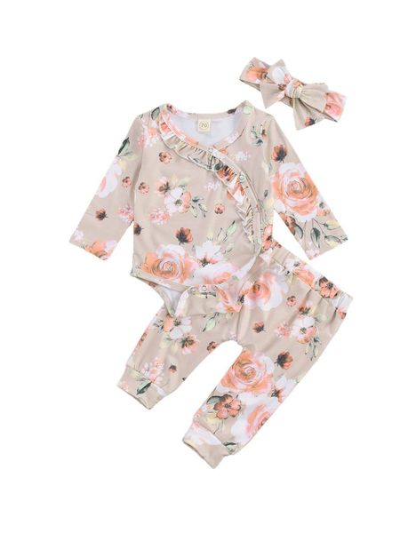 

baby & children's born girls 3-piece outfit set long sleeve floral print romper+pants+headband clothing sets, White
