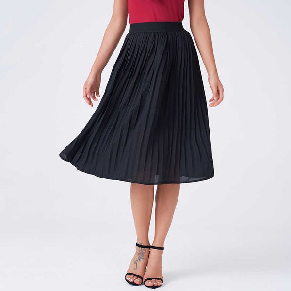

skirts mai&fun women chiffon summer thin solid pleated s midi plus size elastic waist dkm1, Black