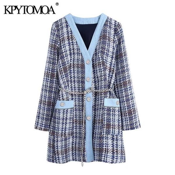 

kpytomoa women fashion with chain belt patchwork denim tweed jacket coat vintage long sleeve pockets female outerwear chic 211126, Black;brown