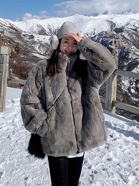 

women's fur & faux coat winter 2022 korean version stand collar mink loose padded plush, Black