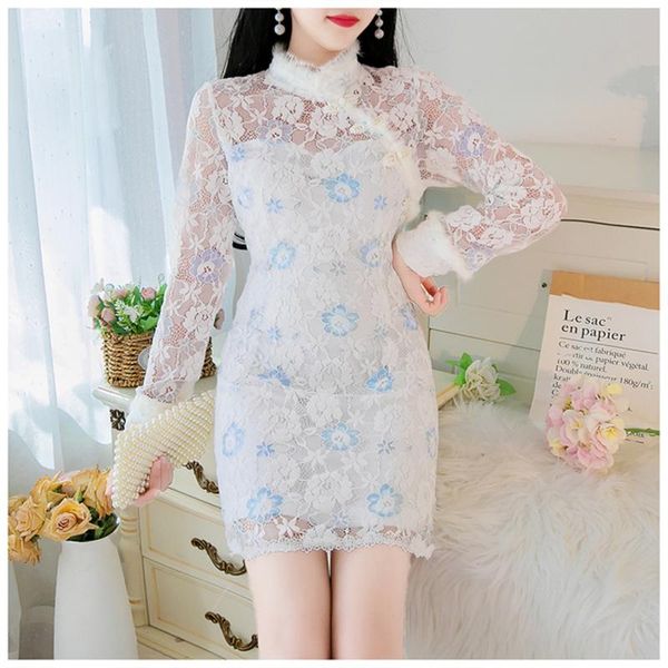 

spring chinese style women retro dish lace improved cheongsam dress fashion stand collar long sleeve mini female casual dresses, Black;gray