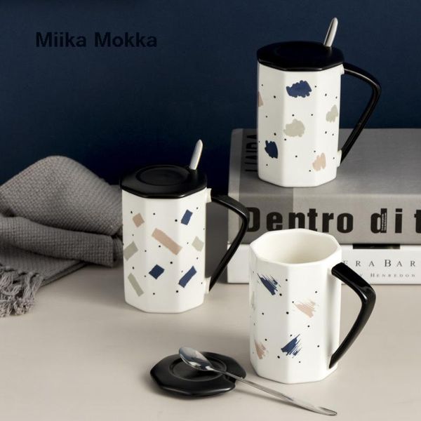 

creative polygon coffee mug with lid and spoon nordic style ceramic milk cup water home office gifts mugs