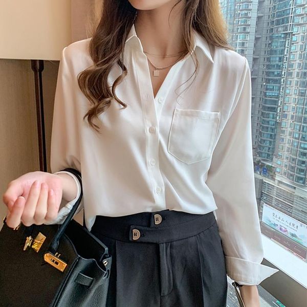 

shintimes white shirt women long sleeve pockets button cardigan 2021 fall clothes chiffon blouse ladies chemisier femme women's blouse