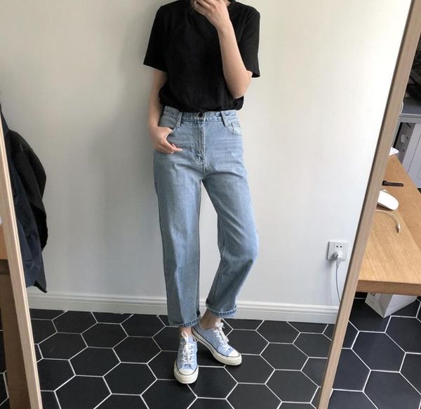 

obrix casual style light stylish mid waist solid color female jeans women's, Blue