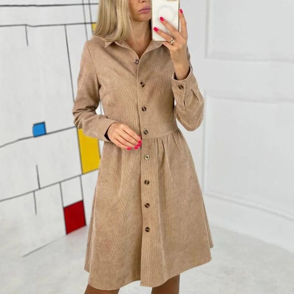 

casual dresses single-breasted long-sleeve corduroy shirt for fashion women 2021 autumn winters elegant turn-down button dress, Black;gray