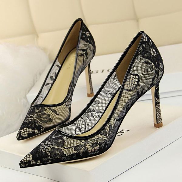 

dress shoes women's black mesh lace party 2021 pointed cut-outs fashion women pumps shallow high heels office woman silver