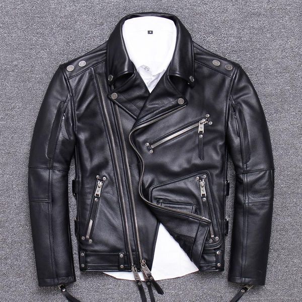 

men's leather & faux halley handsome locomotive serve head layer thickness cowhide clothing male oblique section zipper rock genuine, Black