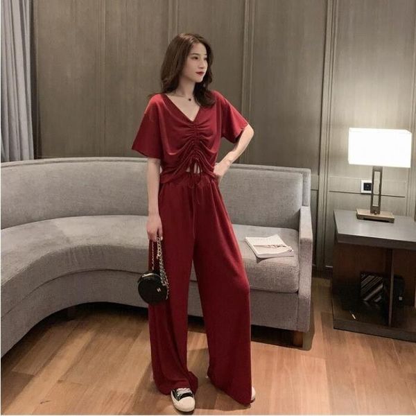

piece set fashion summer women ruched sets outfit + solid elastic waist loose wide leg pant tracksuit s142 two dress, White