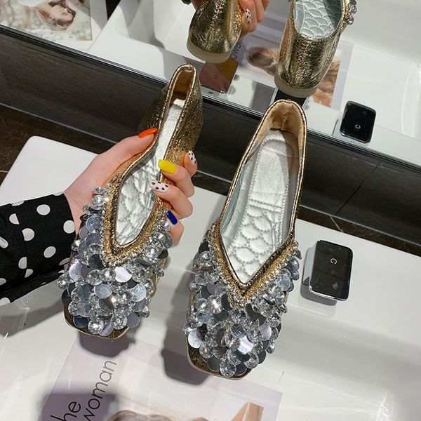 

sandals crysatl glitter moccasins sequined cloth women shoes loafers espadrilles ballerina square toe bling flats plus size35-41 v, Black