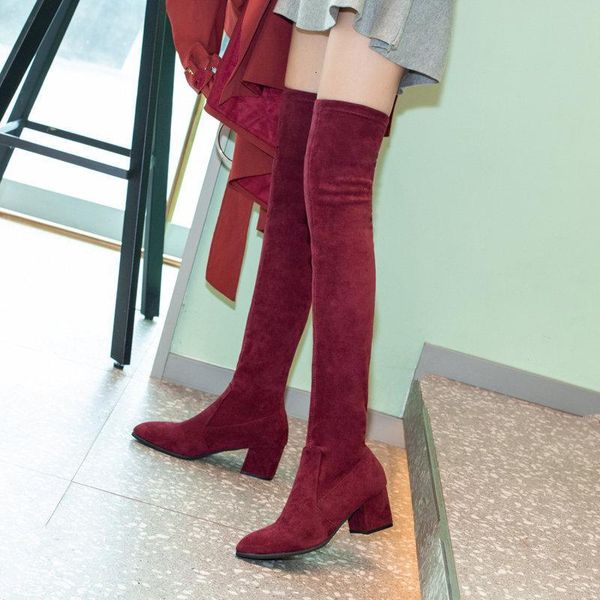 

boots thigh high women winter fashion over knee shoes heels red warm fur black hyx0