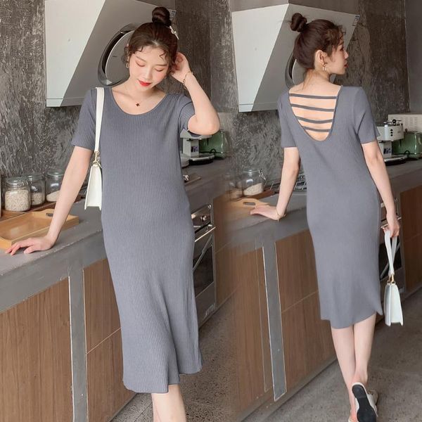 

8807# summer thin ice silk knitted maternity dress back deep v backless bodycon clothes for pregnant women slim pregnancy dresses, White
