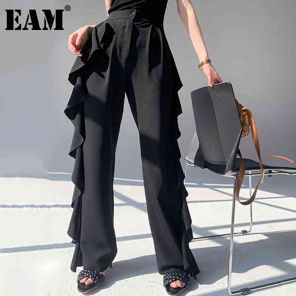 

[eam] high waist black wave cut ruffles long wide leg trousers loose fit long pants women fashion spring autumn 1dd6041 21512, Black;white
