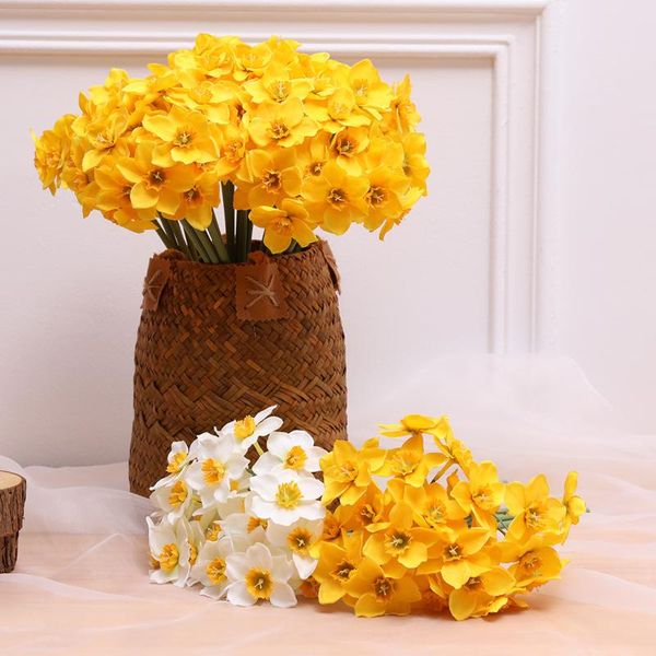 

6pcs artificial flowers bouquet narcissus daffodil silk flower white yellow wedding home garden decor fake arrangements decorative & wreaths
