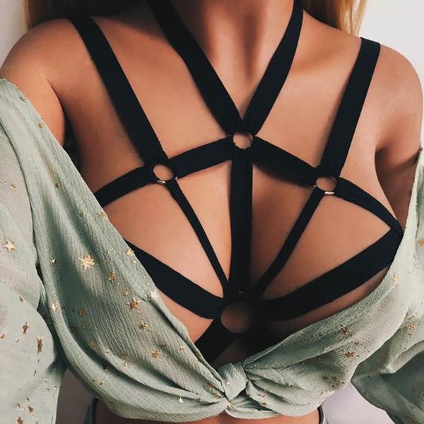 

bras elastic active bra cage gothic bondage woman lingerie belt punk suspenders harness #y2, Red;black