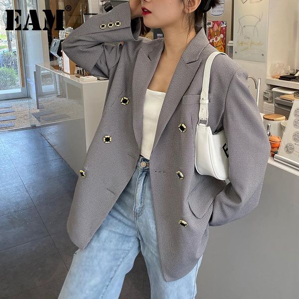 

women's suits & blazers [eam] women black plaid double breasted big size blazer lapel long sleeve jacket fashion tide spring autumn 202, White;black