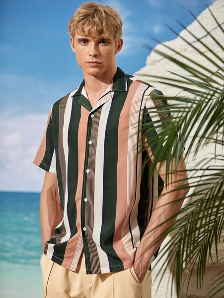 

men button front striped print shirt r8tg#, White;black