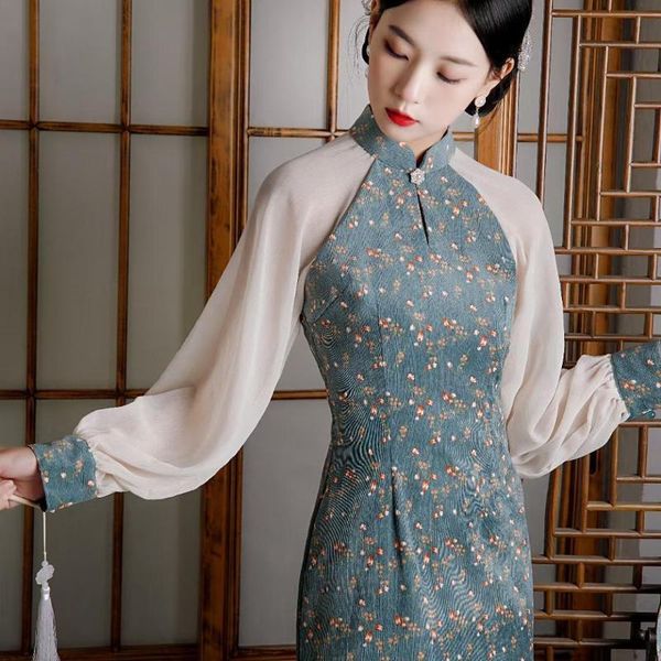 

ethnic clothing improved cheongsam autumn 2021 retro stitching long-sleeved floral chinese elegant dress, Red