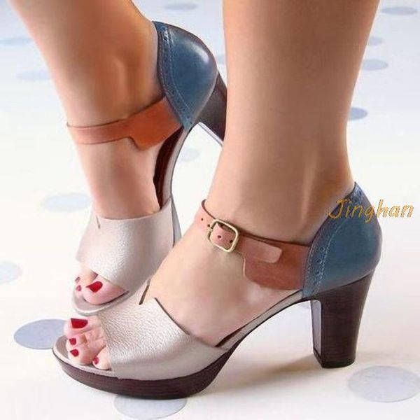 

summer fish mouth sandals fashion chunky heels mixed colors buckle strap women's shoes big size 34-43, Black