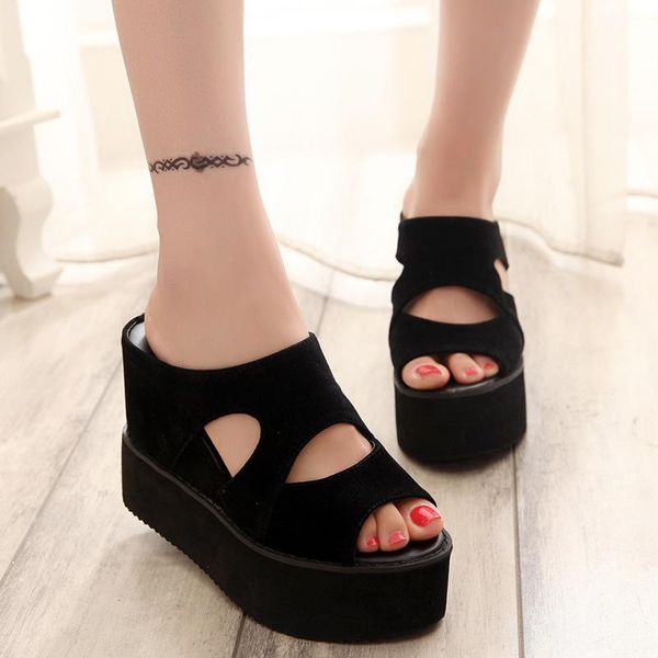 

summer fashion women high heel sandals woman comfort platform slope slippers thick bottom casual shoe yuj89, Black