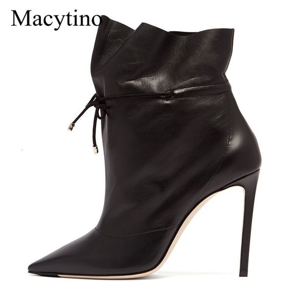 

boots pointed toe stiletto high heel winter black leather ankle elegant lace up bowtie shoes women 1toz
