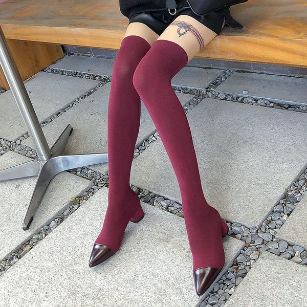 

boots ladies fashion elastic stocking spring autumn slip on slim knee high female stitching square heel women's shoes, Black