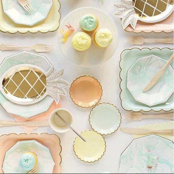 

disposable dinnerware 8pcs birthday party tableware set gold pineapple paper plate summer hawaii luau event supplies
