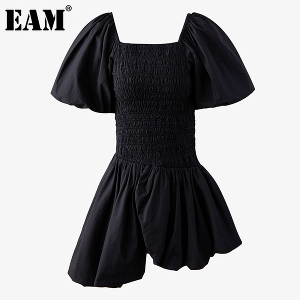 

[eam] women black slim ruffles pleated dress square neck half puff sleeve loose fit fashion spring summer 1dd7696 21512, Black;gray