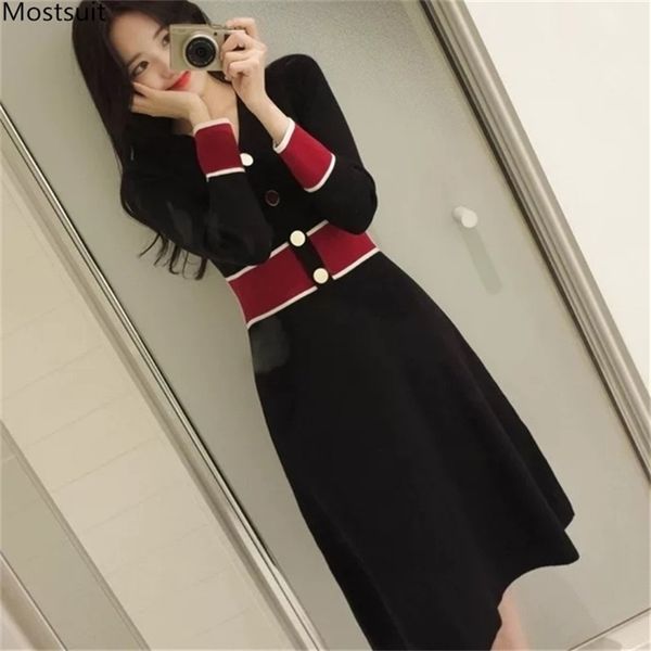 

spring autumn women knitted dress elegant korean long sleeve v-neck tunic knee-length party dresses vestido de festa 210513, Black;gray