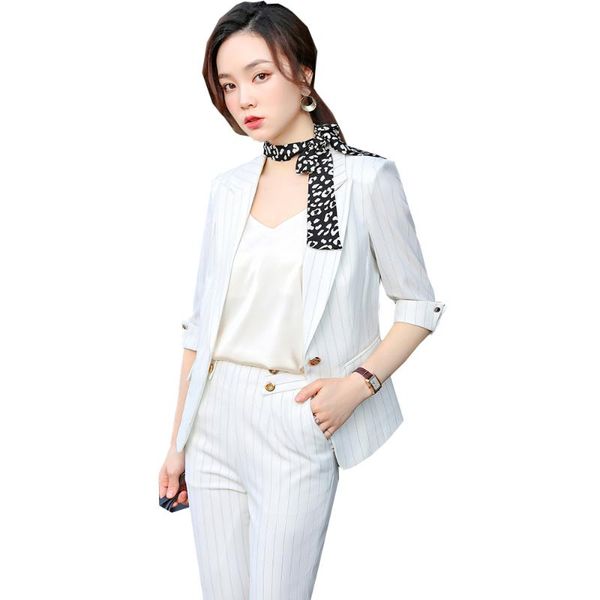 

women office ladies pant suit formal 2 set for summer fashion black white apricot plus size striped blazer and trous