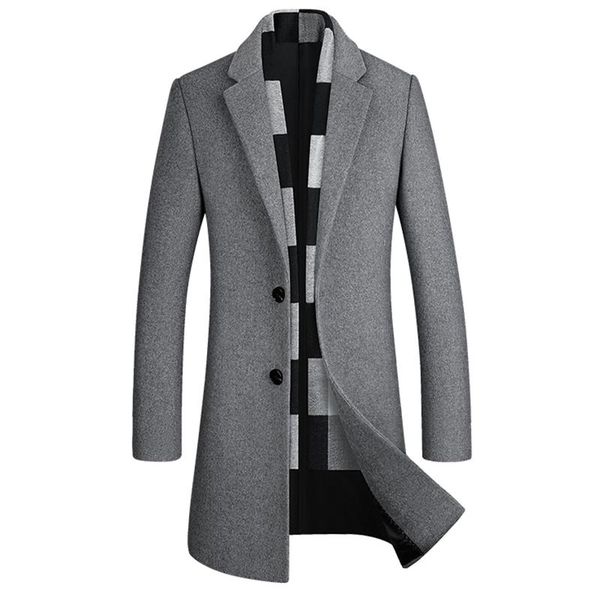 

men's wool & blends 2021 autumn and winter woolen coat / mid-length business blended trench pure color warm boutique, Black
