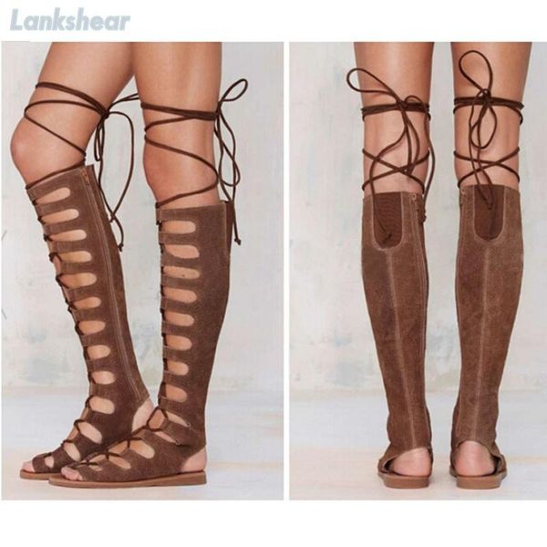 

sandals woman boots open toe lace up knee high cross tied roman peep cut outs zipper summer gladiator flat brown long, Black