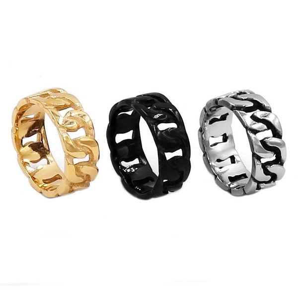 

cluster rings motorcycle biker chain ring stainless steel jewelry silver color black gold bicycle for men women wholesale 727b, Golden;silver