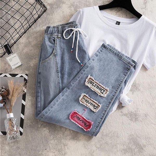 

women's jeans zoki tassel women autumn elastic high waist plus size loose harem ankle denim pants cotton splice drawstring trousers 202, Blue
