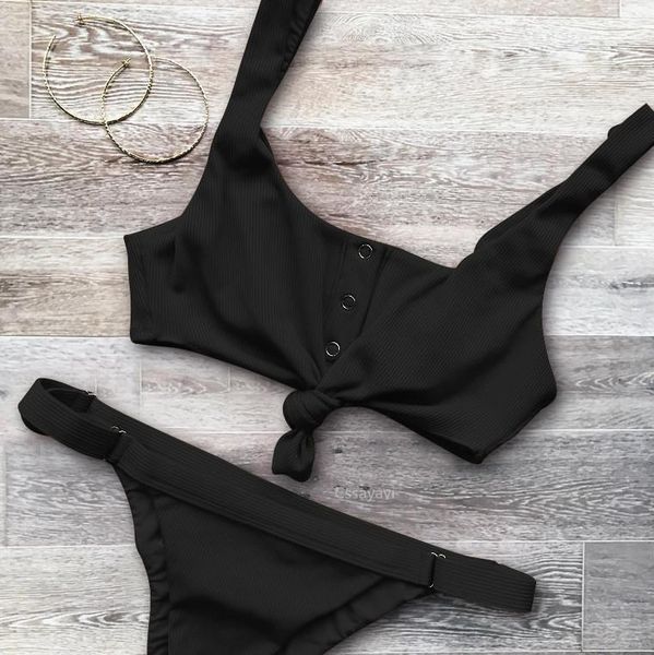

women's swimwear solid padded knotted brazilian bathing suit thong bikini set beachwear buckle two piece outfits, White;black
