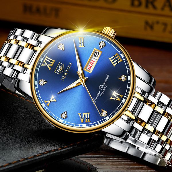 

with goods, men watch steel band, double calendar quartz watch, Slivery;brown