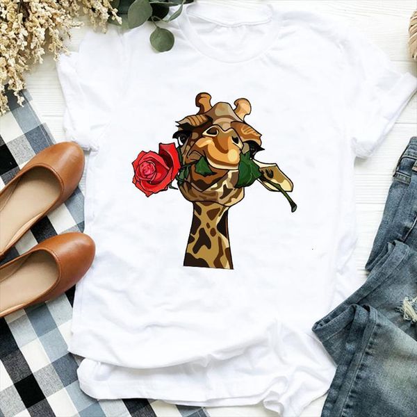 

and women lady cartoon flower mens t shirt giraffe printing love style 90s trend tee womens female clothes graphic, White;black