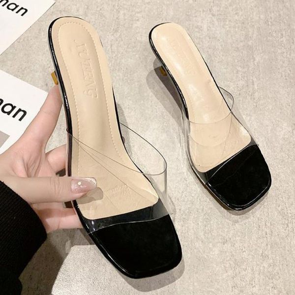 

slippers slipper slip on thin heels slides pvc jelly open toe crystal women transparent ytmtloy zapatillas mujer casa sapatos, Black