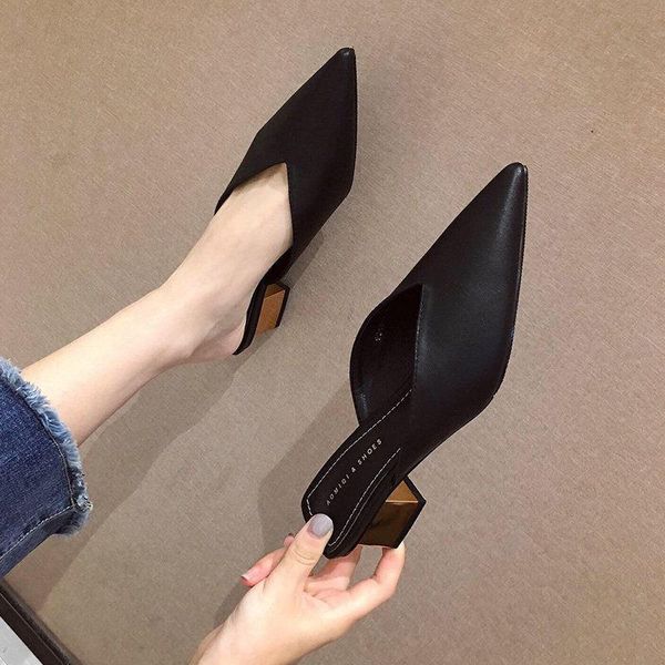 

mid-heel muller shoes electroplated thick-heel baotou half slippers women's thin temperament sandals all-match lady women, Black