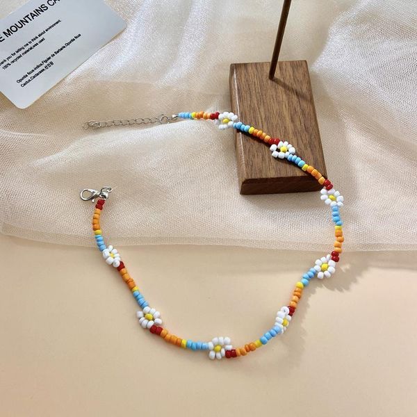 

chokers ethnic colorful beaded necklace creative bead woven flowers for women charm short collar clavicle chain jewelry, Golden;silver