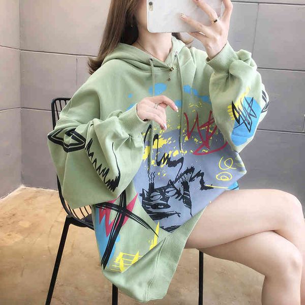 

women's hoodies & sweatshirts women plus size print hooded 2021 spring fall trendy harajuku hip hop female oversized loose streetw, Black