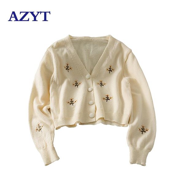 

women's knits & tees azyt 2021 autumn long sleeve short sweater cardigan female floral embroidery v neck knitted jacket knitwear, White