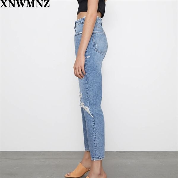 

za faded high-waist jeans featuring five-pocket design ripped detailing on the front zip fly and metal button fastenins, Blue